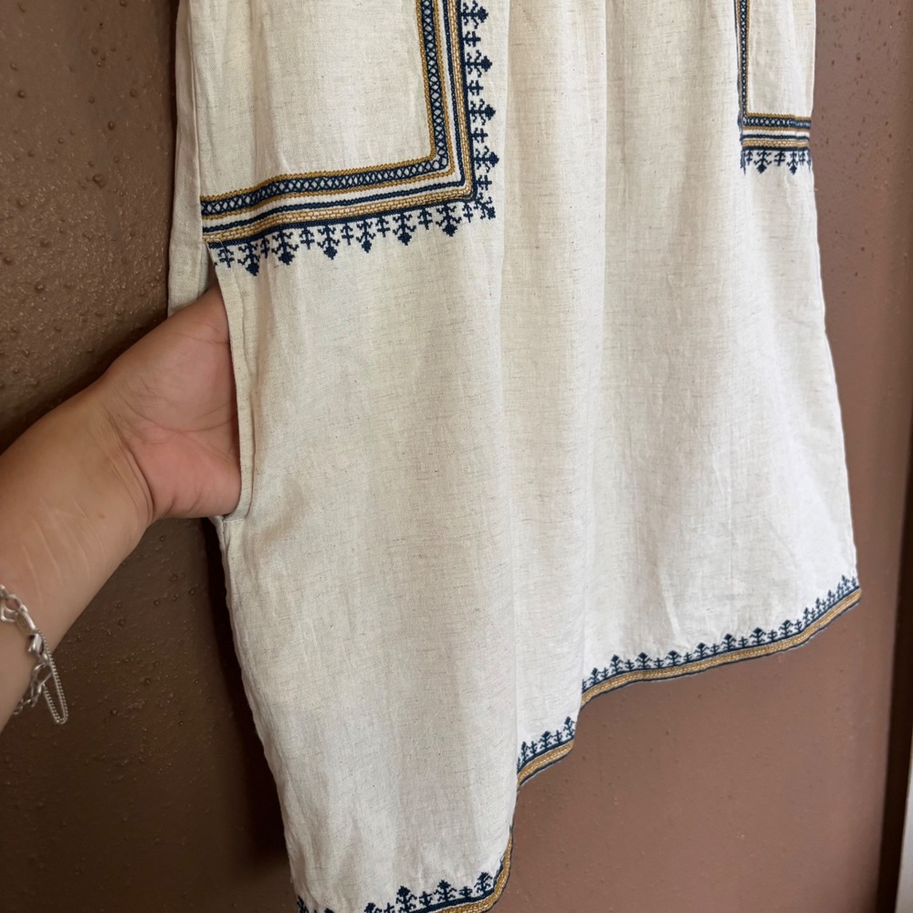 World Market Embroidered Cotton Linen Boho Shift Dress Cream Navy SM - Picture 4 of 9